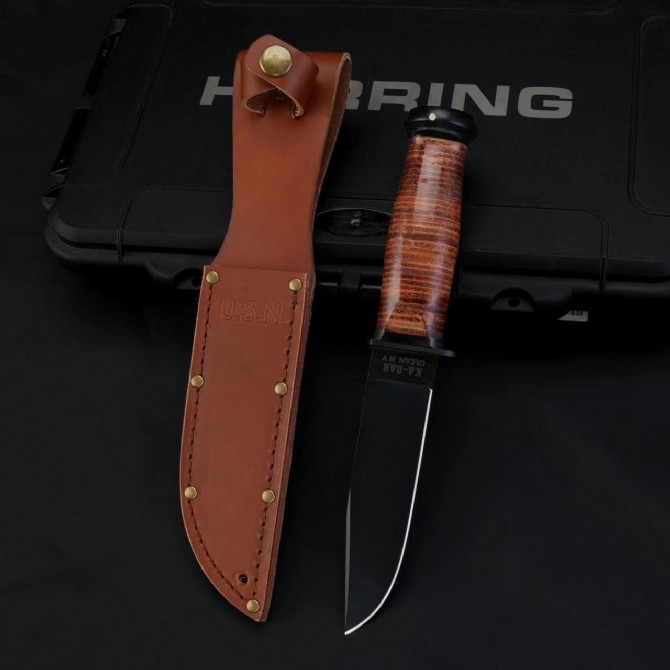 KA-BAR Mark I 2225 Knife Fixed Blade 4.33" 1095 Clip Point Blade, Cowhide Handles