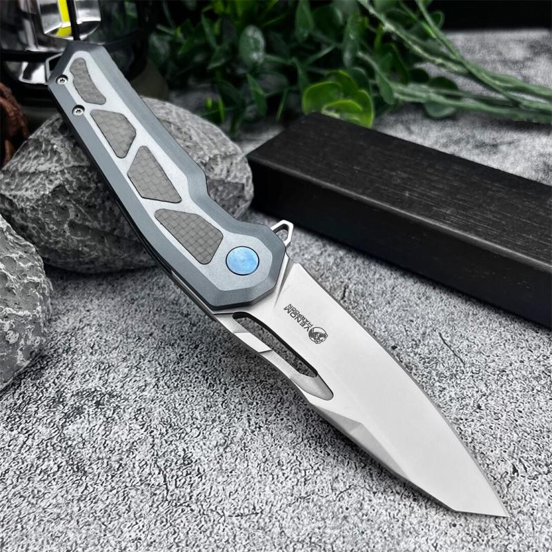 KV-Venom Knife Folding 3.54" D2 Satin Drop Point Blade, Carbon Fiber + Aluminum Handles