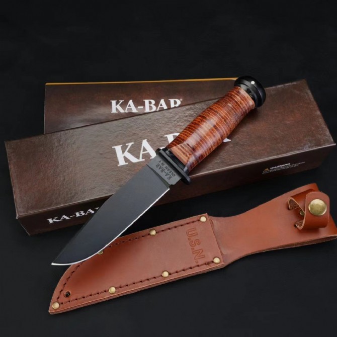 KA-BAR Mark I 2225 Knife Fixed Blade 4.33" 1095 Clip Point Blade, Cowhide Handles