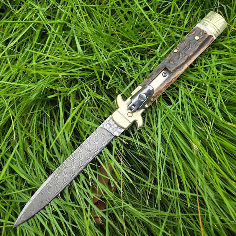 Italy Classical Plus Leverletto 9'' AKC Knives OTF AUTO Knife 3.54" Damascus Steel Blade, Brass+Antler Handles