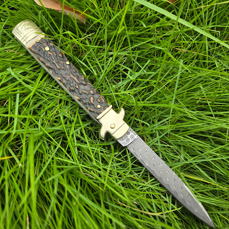 Italy Classical Plus Leverletto 9'' AKC Knives OTF AUTO Knife 3.54" Damascus Steel Blade, Brass+Antler Handles