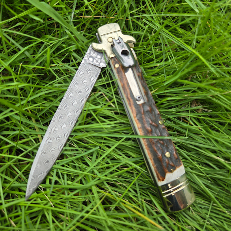 Italy Classical Plus Leverletto 9'' AKC Knives OTF AUTO Knife 3.54" Damascus Steel Blade, Brass+Antler Handles