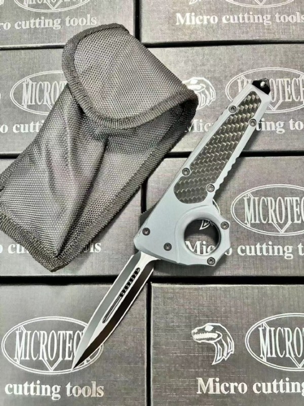 MT Ring Boxing Knuckles Knifes OTF Auto Knife 3.46" 440 Plain Blade, Carbon Fiber + Alloy Handles