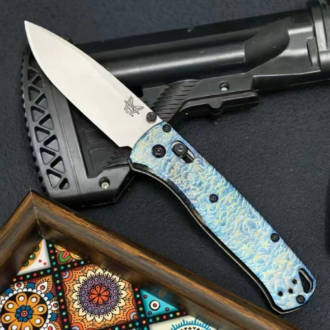 BM Customize 535BK Knives Bugout AXIS Folding Knife 3.15" M390 Satin Plain Blade, TC4 Handles