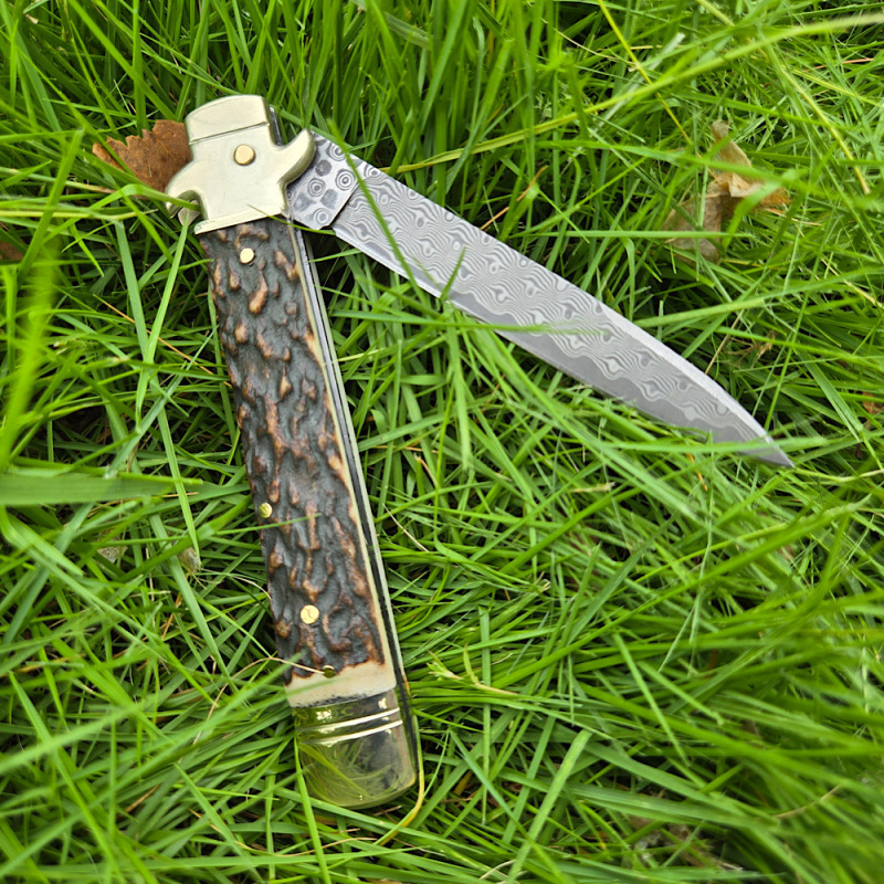 Italy Classical Plus Leverletto 9'' AKC Knives OTF AUTO Knife 3.54" Damascus Steel Blade, Brass+Antler Handles