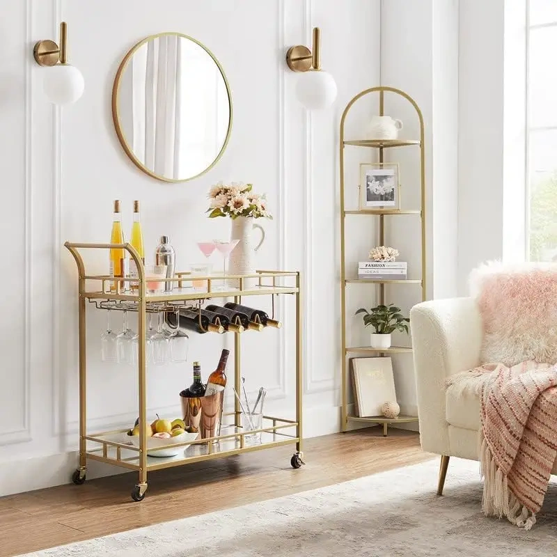 Gold Luxury Industrial Bar Cart Kitchen Bar Wine Cart Wheels Serving Cart Trolley
