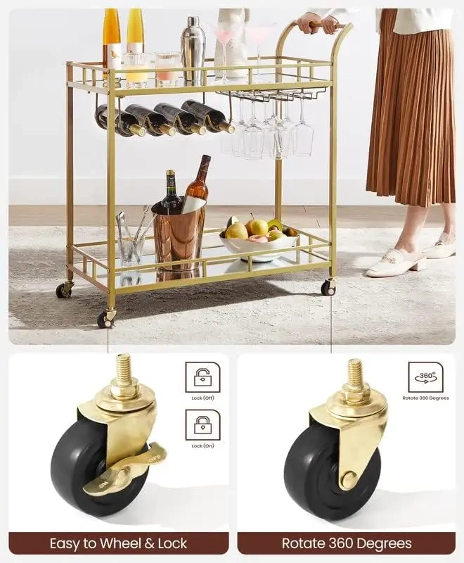 Gold Luxury Industrial Bar Cart Kitchen Bar Wine Cart Wheels Serving Cart Trolley