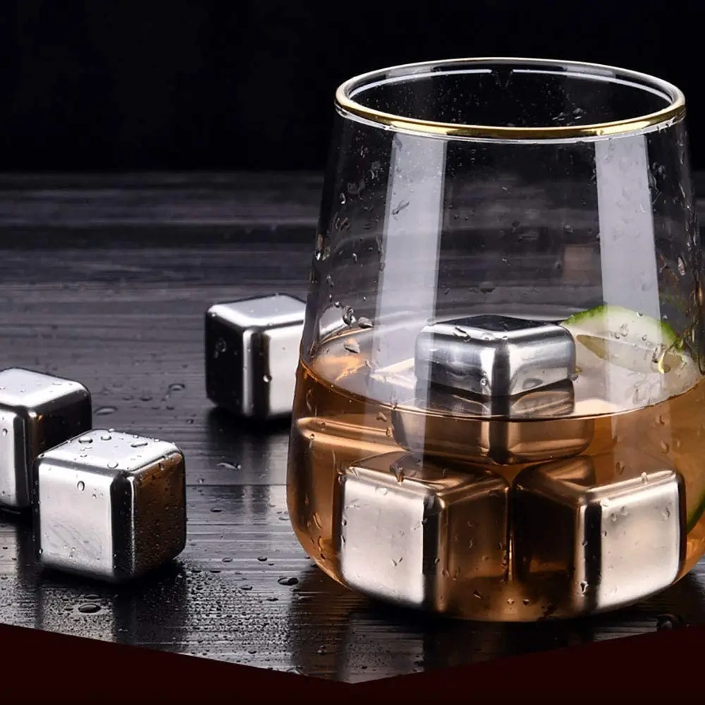 Gold Metal Reusable Ice Cubes Stainless Steel Bar Accessories Cocktail Ice Cube Whiskey Stones With Ice Tongs
