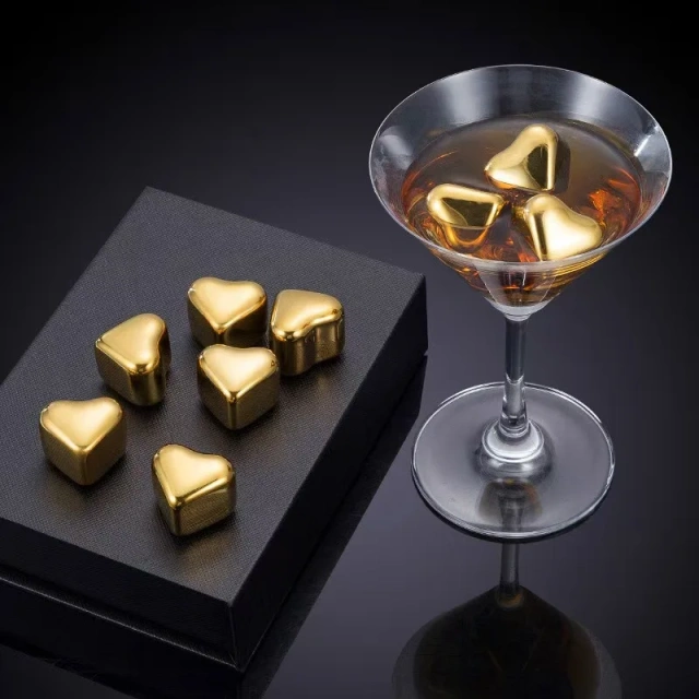 New Arrival Heart shape Love 304 Stainless Steel Golden Heart Shaped Ice Cubes Metal Grains Whiskey Wine Stones
