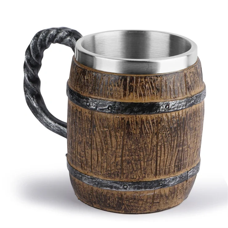 Medieval Beer Mug Handmade Wooden Barrel Beer Mugs Beer Steins, Stainless Steel Vintage Beer Cup, Drinkware Mug