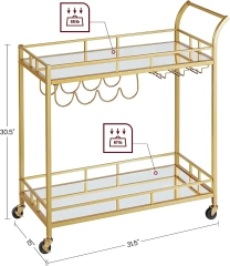 Gold Luxury Industrial Bar Cart Kitchen Bar Wine Cart Wheels Serving Cart Trolley