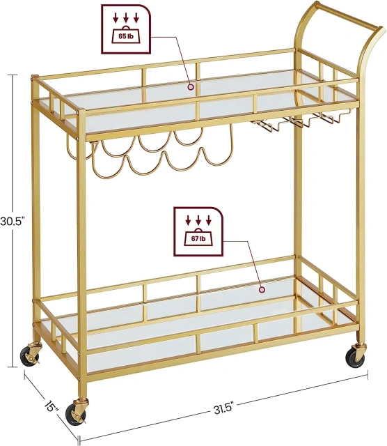 Gold Luxury Industrial Bar Cart Kitchen Bar Wine Cart Wheels Serving Cart Trolley