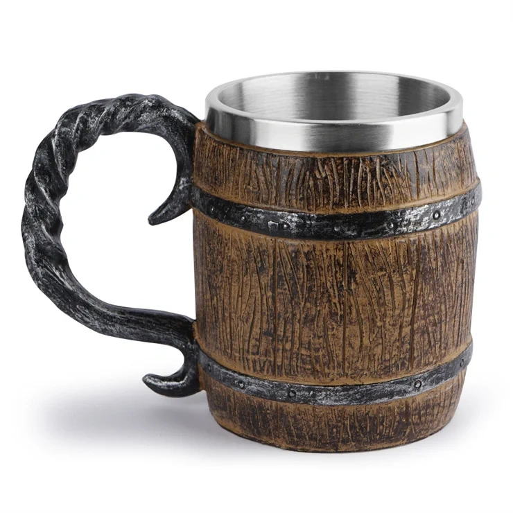 Medieval Beer Mug Handmade Wooden Barrel Beer Mugs Beer Steins, Stainless Steel Vintage Beer Cup, Drinkware Mug