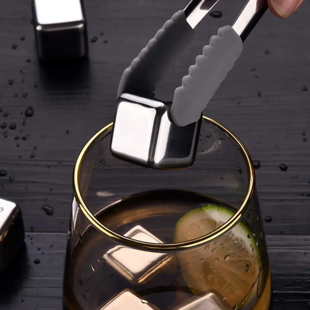 Gold Metal Reusable Ice Cubes Stainless Steel Bar Accessories Cocktail Ice Cube Whiskey Stones With Ice Tongs