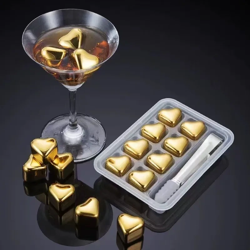 New Arrival Heart shape Love 304 Stainless Steel Golden Heart Shaped Ice Cubes Metal Grains Whiskey Wine Stones