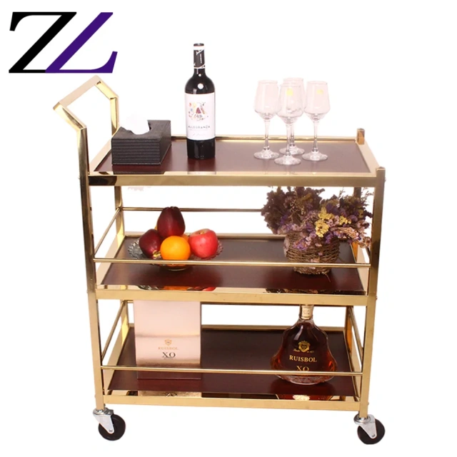 Beauty dining room hand luxury wood gold food tea cake dessert sweet service cart trolley for 3 tier bar hotel wooden trolley