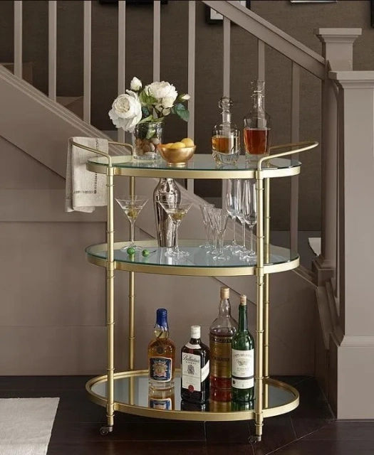 Hotel And Home Furniture Luxury Gold Metal Frame Bar Carts Drink Trolley Wine & Beer Serving Metal Bar Ware Trolley For Hotels