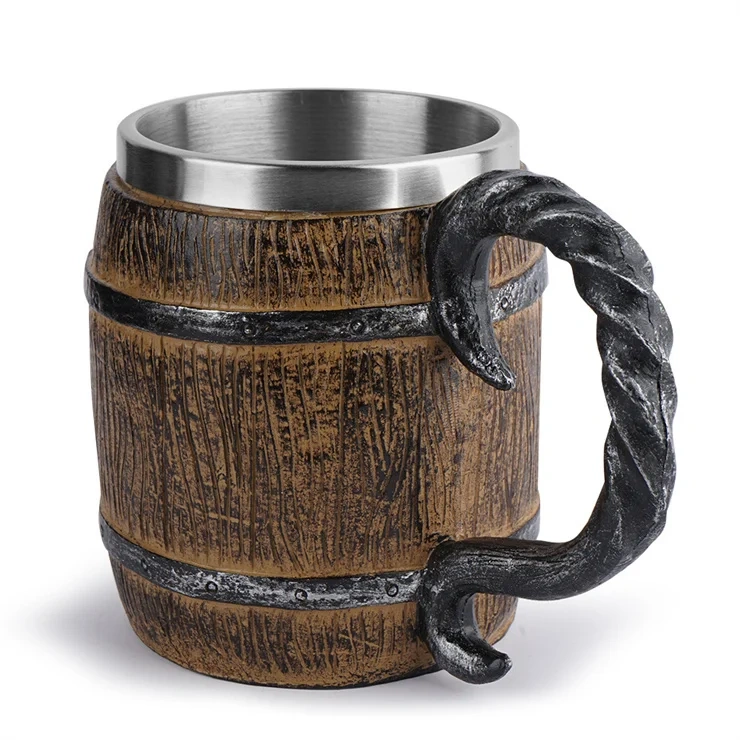 Medieval Beer Mug Handmade Wooden Barrel Beer Mugs Beer Steins, Stainless Steel Vintage Beer Cup, Drinkware Mug