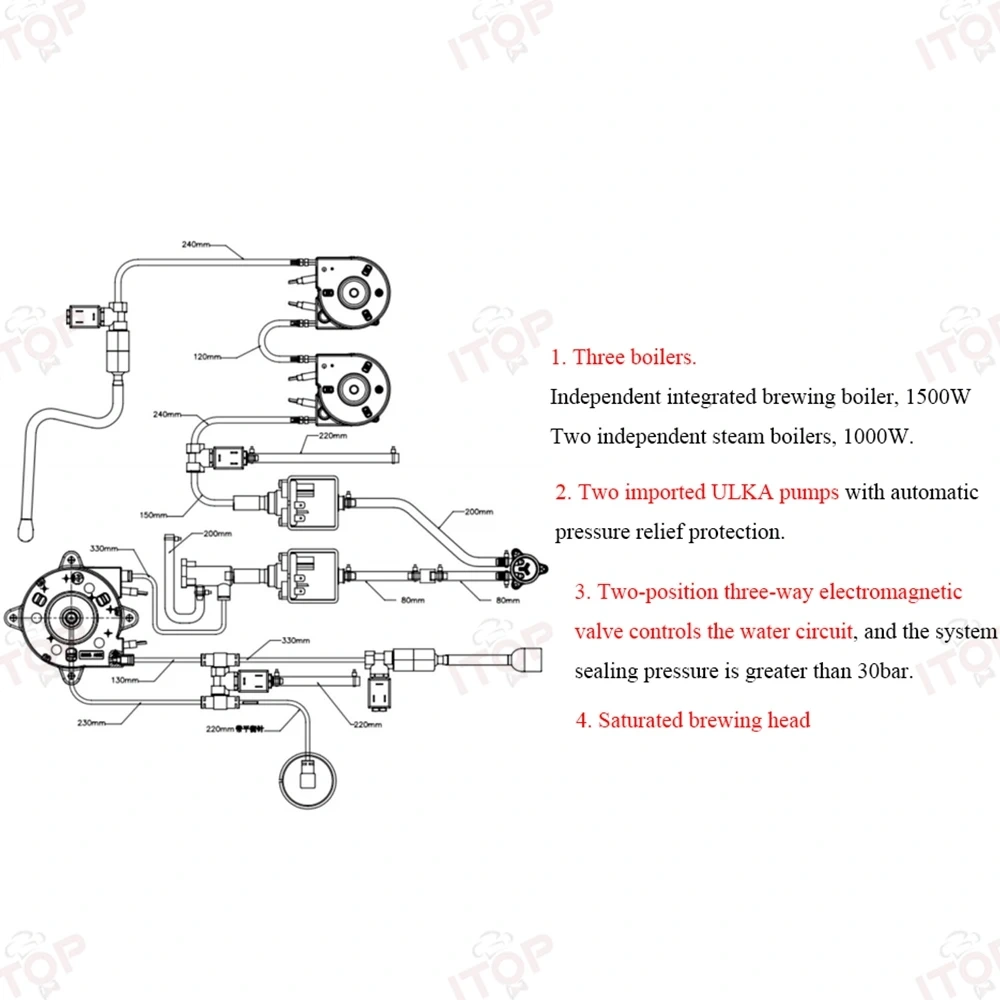 IT-CM-808 9Bar Commercial Espresso Coffee Maker 2 ULKA Pump 3 Boilers PID Temperature Control Semi-automatic Coffee Machine,Commercial Coffee Machine Supplier | CE/UL Certified | ITOP Cafe,IT-CM-808 9Bar Commercial Espresso Coffee Maker 2 ULKA Pump 3 Boilers PID Temperature Control Semi-automatic Coffee Machine