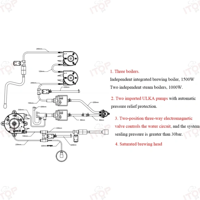 IT-CM-808 9Bar Commercial Espresso Coffee Maker 2 ULKA Pump 3 Boilers PID Temperature Control Semi-automatic Coffee Machine,Commercial Coffee Machine Supplier | CE/UL Certified | ITOP Cafe,IT-CM-808 9Bar Commercial Espresso Coffee Maker 2 ULKA Pump 3 Boilers PID Temperature Control Semi-automatic Coffee Machine