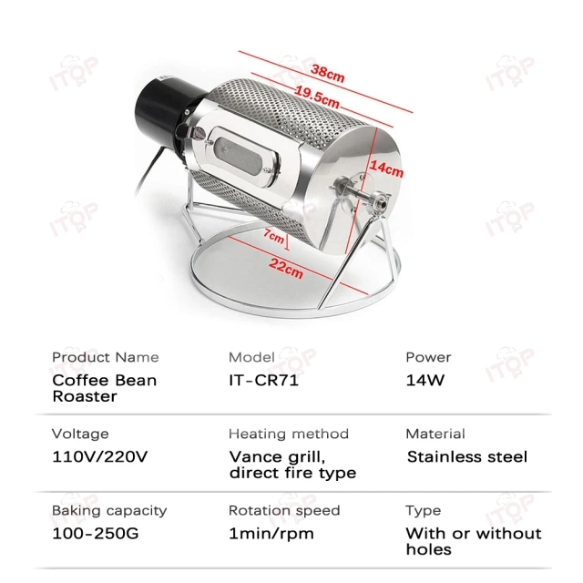 IT-CR71 Stainless Steel Rotating Baking Bucket Grain Roaster Coffee Roaster 110V/220V,Commercial Coffee Machine Supplier | CE/UL Certified | ITOP Cafe,IT-CR71 Stainless Steel Rotating Baking Bucket Grain Roaster Coffee Roaster 110V/220V