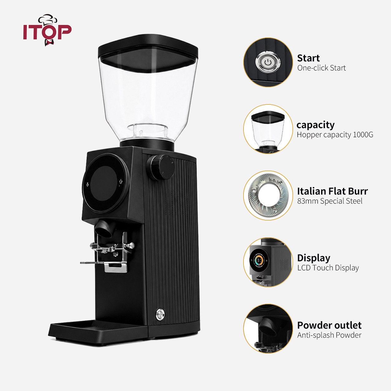 ITOP GE83 Best Commercial Coffee Grinder | 83mm Flat Burr Electric Espresso Coffee Bean Miller with Plasma Static Elimination,Commercial Coffee Machine Supplier | CE/UL Certified | ITOP Cafe,IT-GE83 Commercial Coffee Bean Grinder Plasma Static Elimination Design 83mm Flat Burr Electric Espresso Coffee Bean Miller