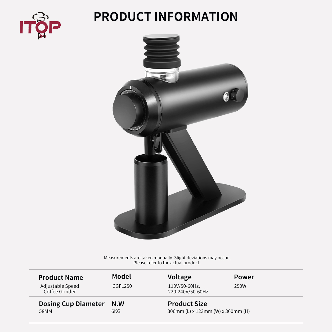 ITOP CGFL250 Electric Coffee Grinder with 64mm Flat Burrs and Adjustable Speed,Commercial Coffee Machine Supplier | CE/UL Certified | ITOP Cafe,CGFL250 Electric Coffee Grinder with 64mm Flat Burrs | ITOP