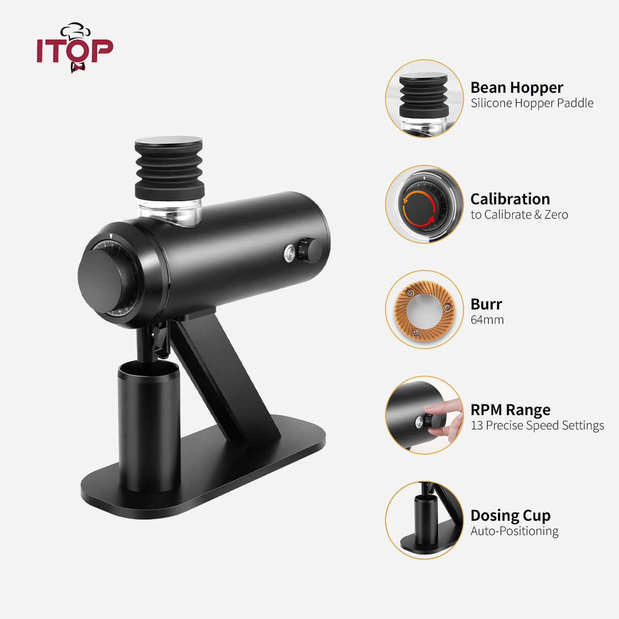 ITOP CGFL250 Electric Coffee Grinder with 64mm Flat Burrs and Adjustable Speed,Commercial Coffee Machine Supplier | CE/UL Certified | ITOP Cafe,CGFL250 Electric Coffee Grinder with 64mm Flat Burrs | ITOP