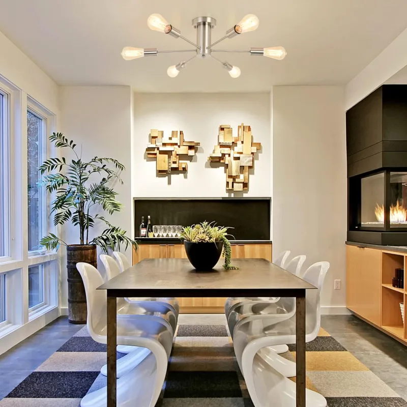 Semi Flush Mount Ceiling Chandeliers Light, 6 Lights Nickel Mid Century Modern Sputnik Hanging Light Fixtures,Pendant Light Fixture for Dinning Room Bedroom Hallway Kitchen Foyer Living Room