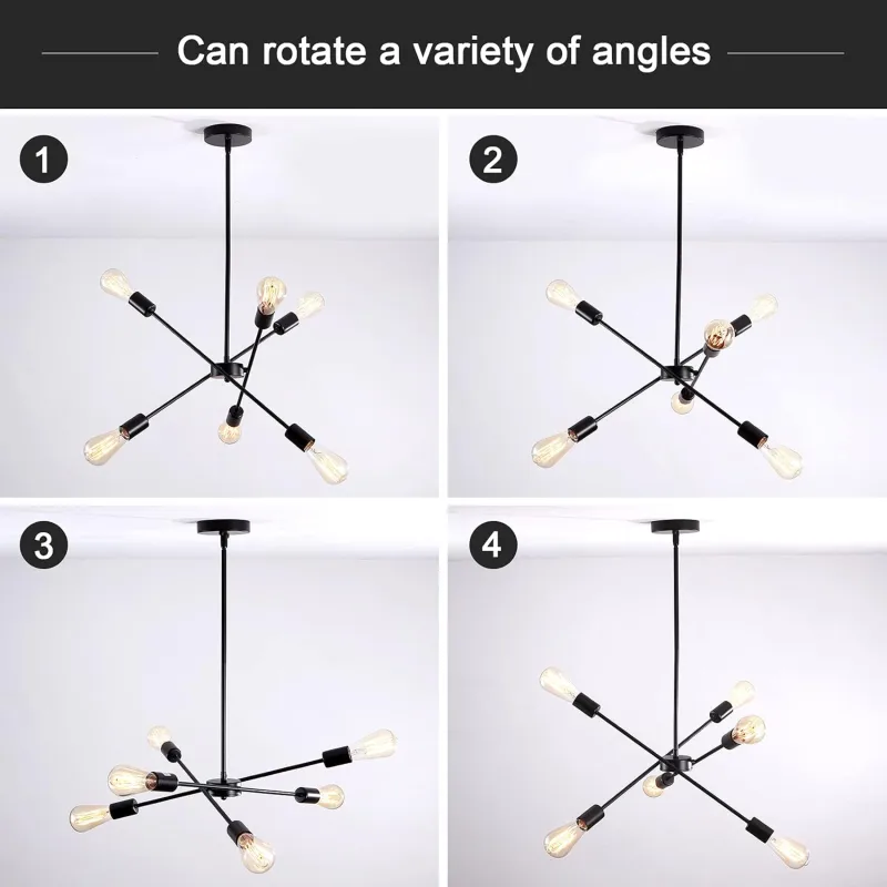 Black Sputnik Chandelier 6 Lights,Modern Industrial Ceiling Light,Mid Century Vintage Contemporary Pendant Dining Room Lighting Fixtures Hanging