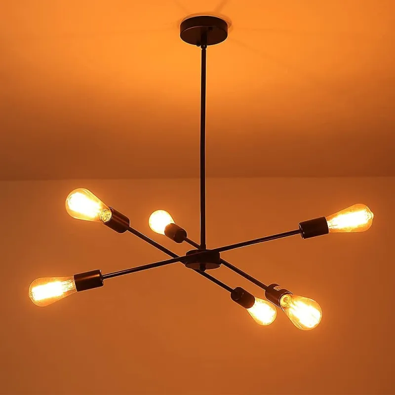 Black Sputnik Chandelier 6 Lights,Modern Industrial Ceiling Light,Mid Century Vintage Contemporary Pendant Dining Room Lighting Fixtures Hanging