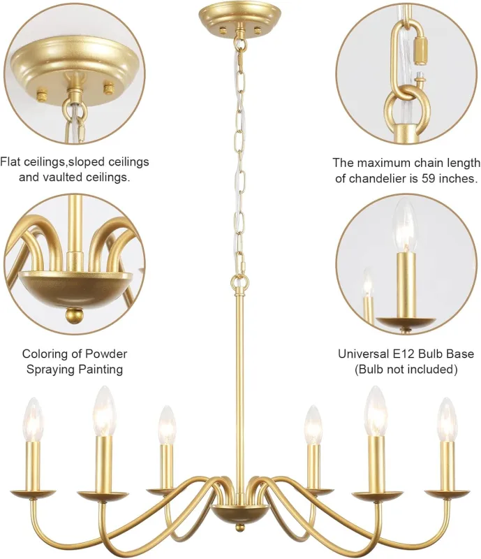 Antique Spray Gold Farmhouse ChandeliersL, 6 Lights Vintage Brass Chandelier, Rustic Candle Hanging Pendant Light Fixture for the Dining Room, Living Room, Kitchen Island, Entryway, and Foyer