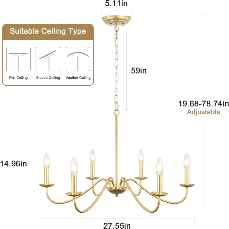 Antique Spray Gold Farmhouse ChandeliersL, 6 Lights Vintage Brass Chandelier, Rustic Candle Hanging Pendant Light Fixture for the Dining Room, Living Room, Kitchen Island, Entryway, and Foyer