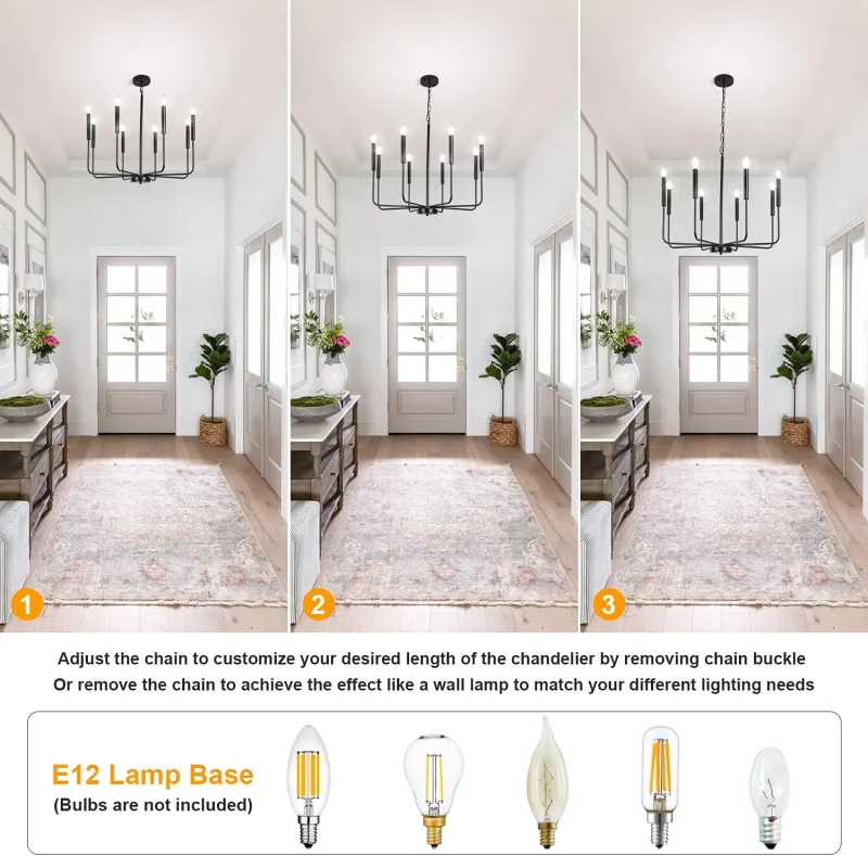 8-Light Matte Black Chandelier with Adjustable Height, Classic Candle Ceiling Hanging Light Fixtures, 26in Industrial Rustic Chandeliers for Dining Room Living Room Kitchen Island Bedroom