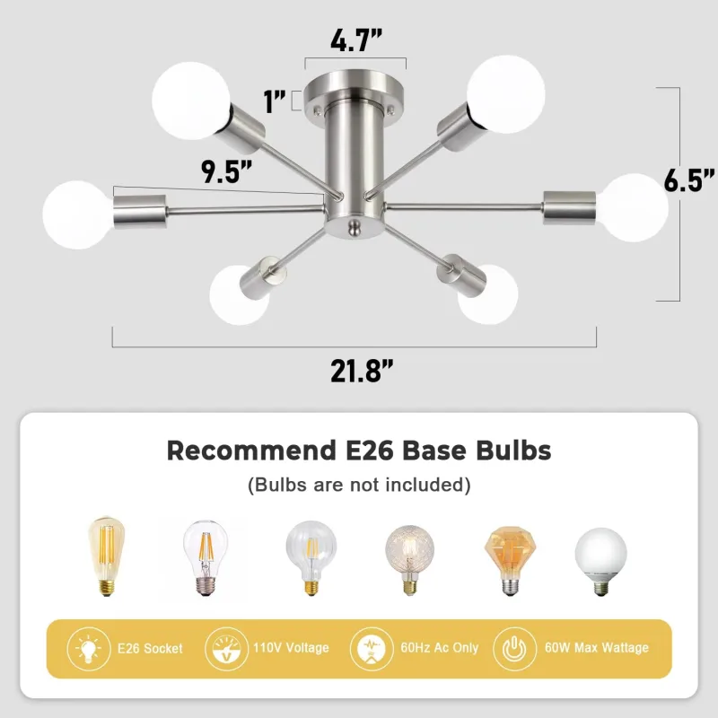 Semi Flush Mount Ceiling Chandeliers Light, 6 Lights Nickel Mid Century Modern Sputnik Hanging Light Fixtures,Pendant Light Fixture for Dinning Room Bedroom Hallway Kitchen Foyer Living Room