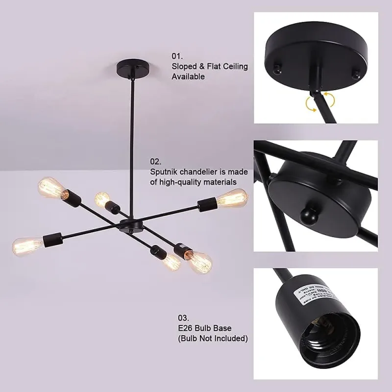Black Sputnik Chandelier 6 Lights,Modern Industrial Ceiling Light,Mid Century Vintage Contemporary Pendant Dining Room Lighting Fixtures Hanging