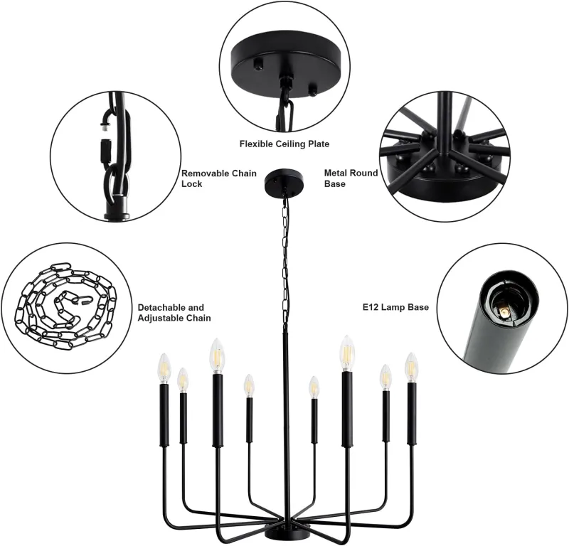 8-Light Matte Black Chandelier with Adjustable Height, Classic Candle Ceiling Hanging Light Fixtures, 26in Industrial Rustic Chandeliers for Dining Room Living Room Kitchen Island Bedroom