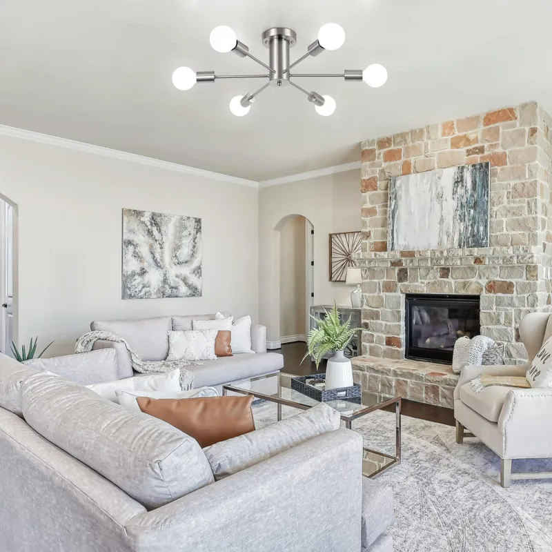 Semi Flush Mount Ceiling Chandeliers Light, 6 Lights Nickel Mid Century Modern Sputnik Hanging Light Fixtures,Pendant Light Fixture for Dinning Room Bedroom Hallway Kitchen Foyer Living Room
