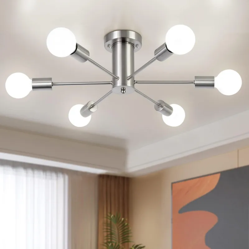 Semi Flush Mount Ceiling Chandeliers Light, 6 Lights Nickel Mid Century Modern Sputnik Hanging Light Fixtures,Pendant Light Fixture for Dinning Room Bedroom Hallway Kitchen Foyer Living Room
