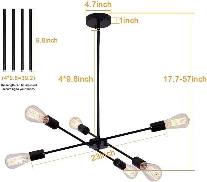 Black Sputnik Chandelier 6 Lights,Modern Industrial Ceiling Light,Mid Century Vintage Contemporary Pendant Dining Room Lighting Fixtures Hanging