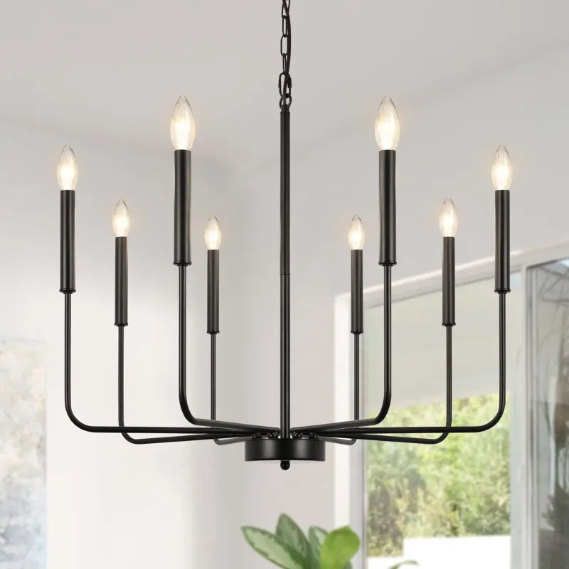 8-Light Matte Black Chandelier with Adjustable Height, Classic Candle Ceiling Hanging Light Fixtures, 26in Industrial Rustic Chandeliers for Dining Room Living Room Kitchen Island Bedroom