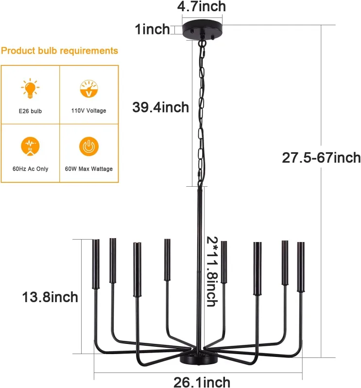 8-Light Matte Black Chandelier with Adjustable Height, Classic Candle Ceiling Hanging Light Fixtures, 26in Industrial Rustic Chandeliers for Dining Room Living Room Kitchen Island Bedroom