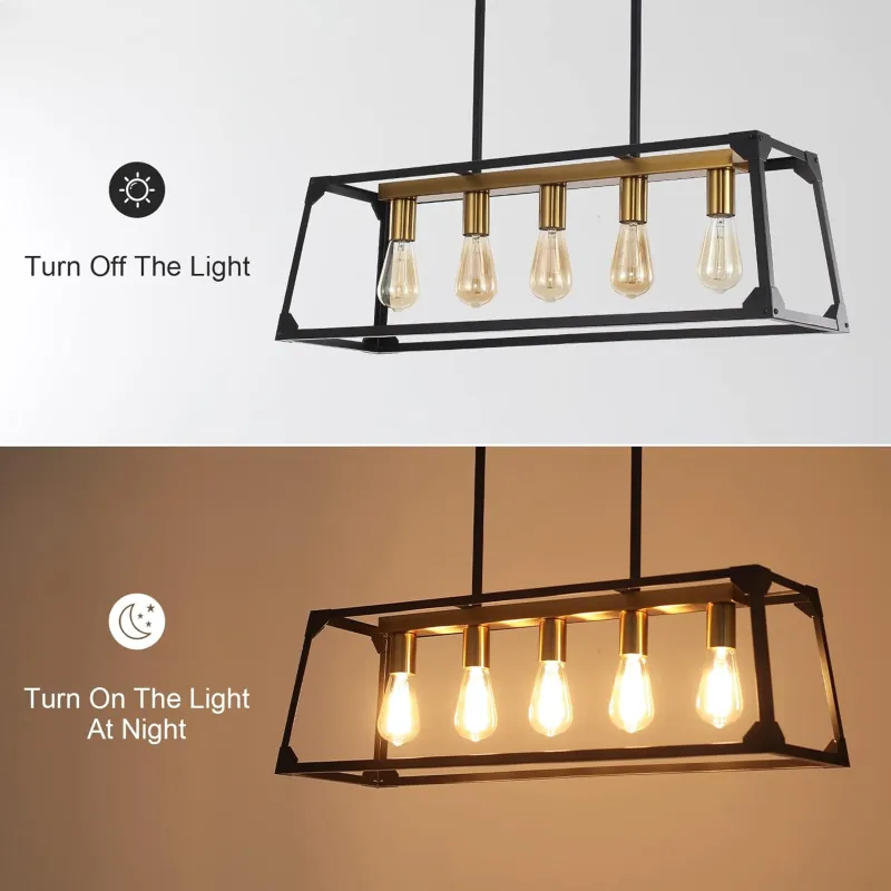 Pendant Lighting for Kitchen Island,5-Light Contemporary Farmhouse Black and Gold Chandelier, 31.5'' Adjustable High Modern Linear Chandeliers for Living Dining Rooms Foyer Bar