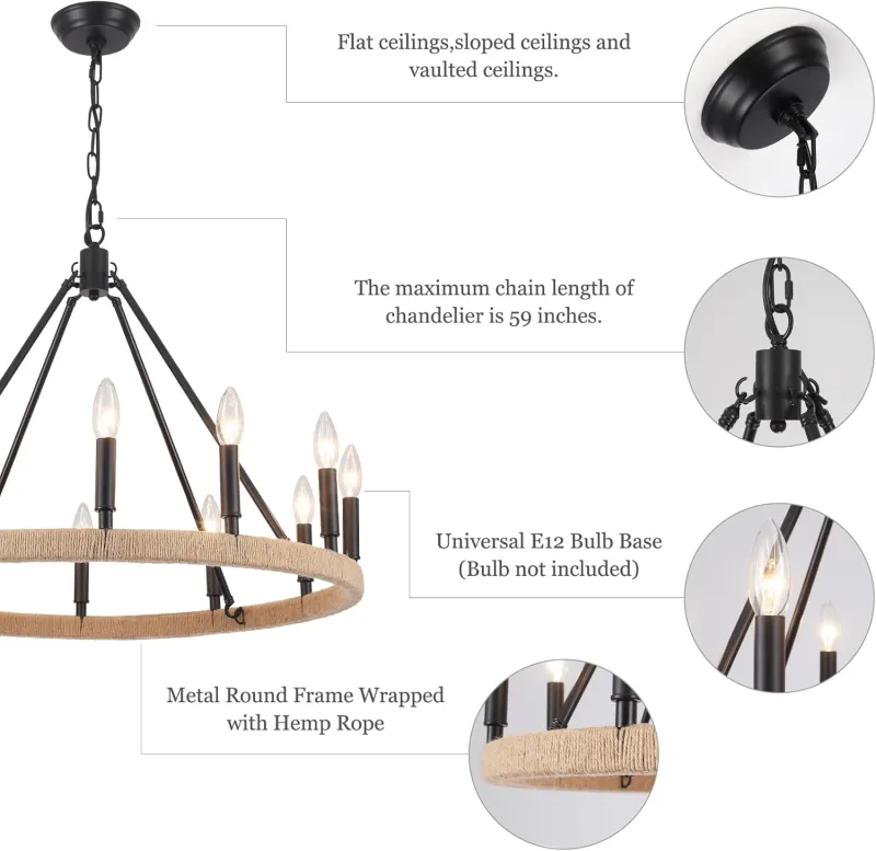 Black Wagon Wheel Chandelier 12 Light Round Farmhouse Chandelier Rustic High Hanging Ceilings Fixtures for Living Room, Foyer, Entryway, Dining Room