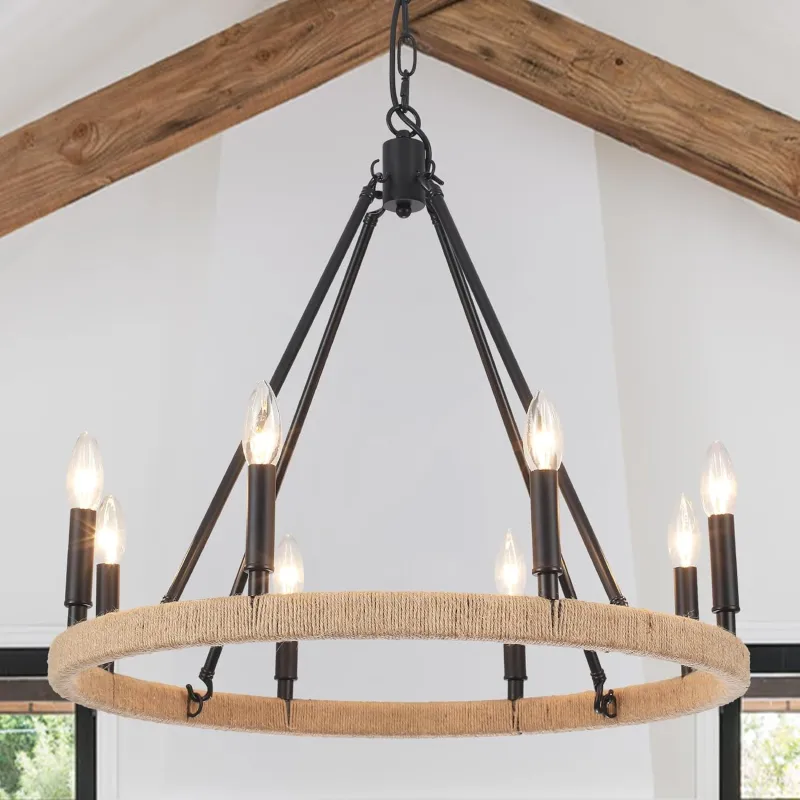 8-Light Wagon Wheel Chandelier Black Chandelier Light Fixture for Living Room Farmhouse Pendant Light Fixture for Dining Room, Foyer, Entryway,Kitchen Island
