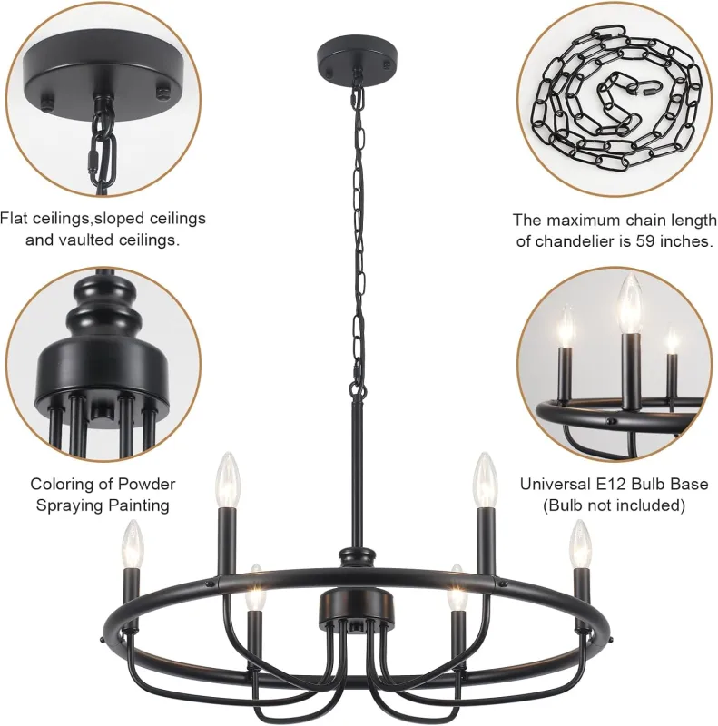 Black Chandeliers for Dining Room, 6-Light Industrial Style Circle Chandelier, Matte Black Finish Mid-Century Farmhouse Chandelier for Entryway Kitchen Dining Living Room