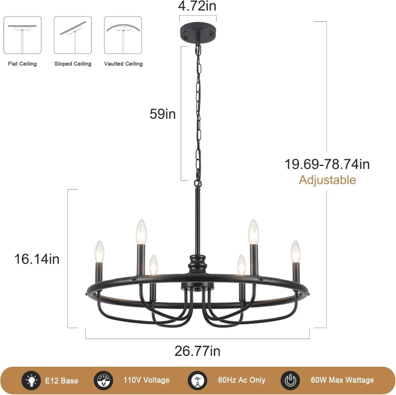 Black Chandeliers for Dining Room, 6-Light Industrial Style Circle Chandelier, Matte Black Finish Mid-Century Farmhouse Chandelier for Entryway Kitchen Dining Living Room