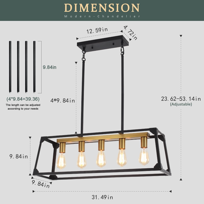 Pendant Lighting for Kitchen Island,5-Light Contemporary Farmhouse Black and Gold Chandelier, 31.5'' Adjustable High Modern Linear Chandeliers for Living Dining Rooms Foyer Bar