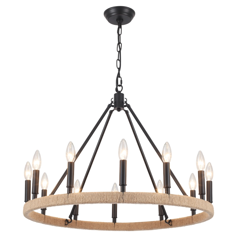 Black Wagon Wheel Chandelier 12 Light Round Farmhouse Chandelier Rustic High Hanging Ceilings Fixtures for Living Room, Foyer, Entryway, Dining Room