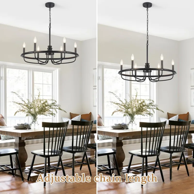 Black Chandeliers for Dining Room, 6-Light Industrial Style Circle Chandelier, Matte Black Finish Mid-Century Farmhouse Chandelier for Entryway Kitchen Dining Living Room